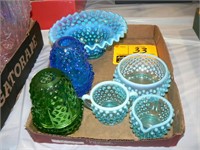 FLAT OF BLUE AND GREEN HOBNAIL GLASS WITH FENTON