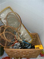 LARGE BASKET WITH ROLLER SKATES, ICE SKATES,