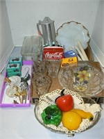 BOWL OF GLASS FRUIT, MILK GLASS PLATE,