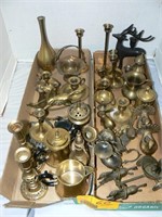 2 LARGE FLATS ASSORTED BRASS FIGURES AND CANDLE