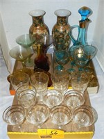 BLUE GLASS WITH GOLD WINE DECANTER AND 6 MATCHING