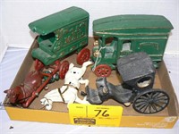 CAST IRON MAIL TRUCK, CAST IRON GROCERY WAGON,