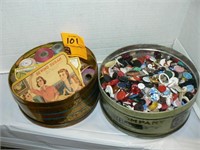 2 VINTAGE TINS WITH BUTTONS AND SEWING