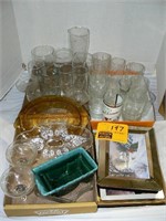 3 FLATS ASSORTED GLASSWARE, POTTERY PLANTER,