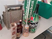 Schlitz flashlight, stein musical box, beer