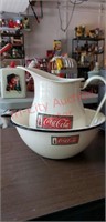 Coca-Cola enamel water pitcher and enamel bowl
