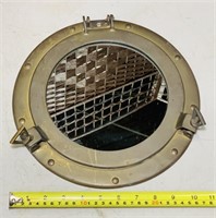 Brass Porthole with Mirror, 11” wide, Hinge needs