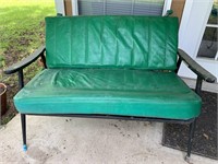 Vintage Metal Patio Bench with Wooden Arms