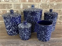 (5) Blue Speckled Ceramic Canisters, missing 1 lid