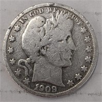 Silver 1909 Barber half dollar
