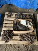 Pallet of Chains/Box of Tarp Anchors/Misc