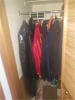 Group of jackets. Leather jacket, hickory