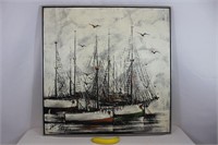 Vintage MCM Sailboat Framed Oil by R. Sholos*