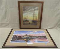 LARGE FRAMED LITHO & PRINT, W/ BOATS IN HARBOUR: