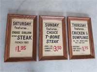 Set of 3 Diner Menu Advertising Signs - Framed