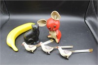 1960s R. Dakin & Co. Red Mouse, bird clips & cat