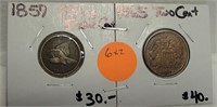 1857 FLYING EAGLE, 1865 TWO CENT COIN 2X BID