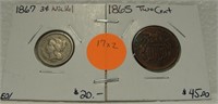 1867 NICKEL 3 CENT PC, 1865 2 CENT 2X BID