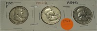 1950-P, 52-D, 54-D FRANKLIN HALF DOLLARS 3X BID