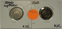 1866, 1867 SHIELD NICKELS 2X MONEY