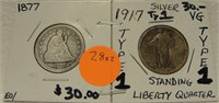 1877 SEATED LIBERTY, 1917 TY1 QUARTERS 2X BID