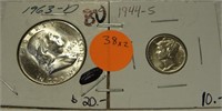 1963-D FRANKLIN HALF, 1944-S MERCURY DIME 2X BID