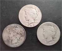 3 US Peace Silver Dollars 1922 1924 1935-S