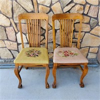Pair of Nice Antique Oak Chairs Needlepoint Seats