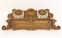 Antique 10 1/2" Brass Double Inkwell