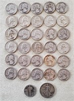 31 Silver US Quarters & 1942 Half Dollar Coins