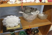 Shelf of glassware - egg plates, fruit bowls, sma