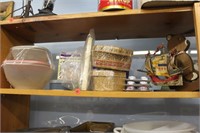 Shelf of household. tupperware containers, basket