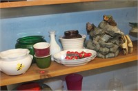 Shelf of glassware. pfaltzcraft plates, hull cups