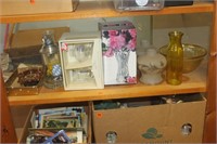 Shelf of glassware & small coo coo clock