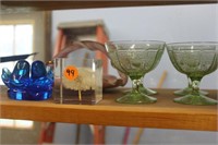 3 green stem ware glasses, italian basket, paper