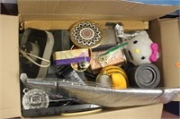 box lot of misc household items. garfield clock,