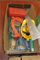 tools. Empty tool box, extension cord, flood light