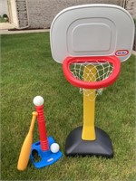 little tikes basketball goal and baseball tee