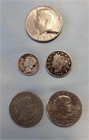 Kennedy 1/2 Dollar, V Nickel, Mercury Dime, 2-$1