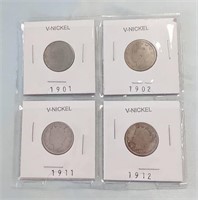 4 V-Nickels Misc. Dates 1901-1919