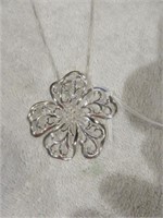 LARGE ORNATE FLOWER PENDANT 20" WITH STERLING