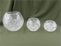 3PC CRYSTAL ROSE BOWLS 7.75"T LARGEST