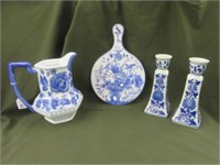 4PC BLUE AND WHITE PITCHER, CANDLESTICKS AND