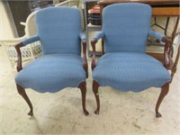 PAIR ANTIQUE BLUE UPHOLSTERED QUEEN ANNE PARLOR