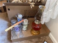 2 oil lamps, 1 is antique, vases & glass candle