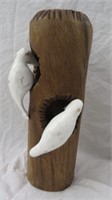 CARVED WOOD TREE TRUNK AND BIRDS 11"T