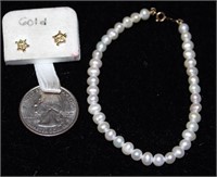 Pearl Bracelet & 14K Gold Turtle Earrings