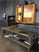 9’ workbench, Bookshelf, wall cabinet