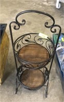 2 TIER WOOD AND CAST PLANT STAND