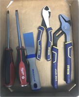 TRAY OF TOOLS, WRENCHES, CUTTERS,